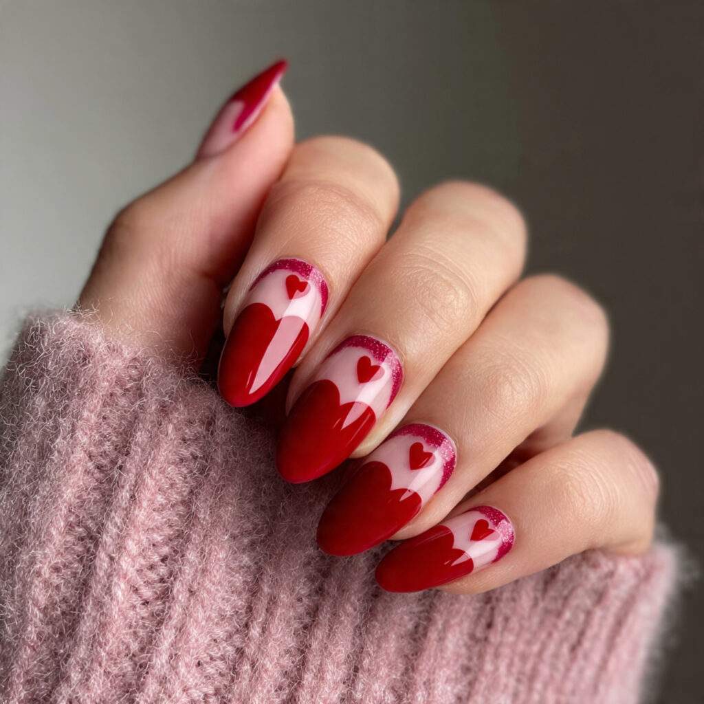11 red valentine nails with micro heart