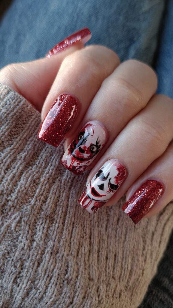 13 red glitter square nails with horror