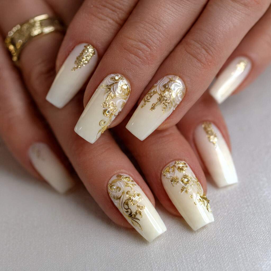 16 cream and gold nails