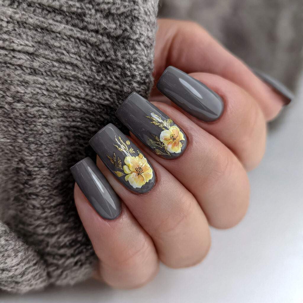 16 smoky gray nails with simple accent