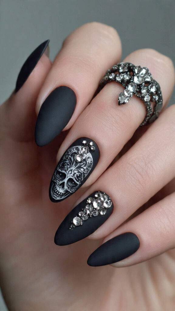 18 matte black almond nails with skull