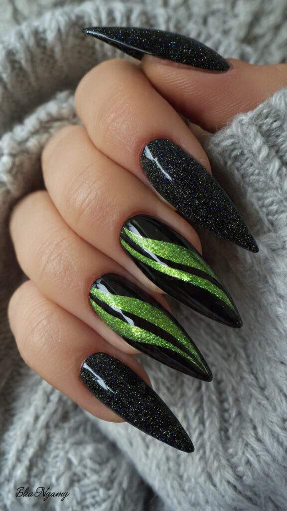20 glitter black stiletto nails with neon