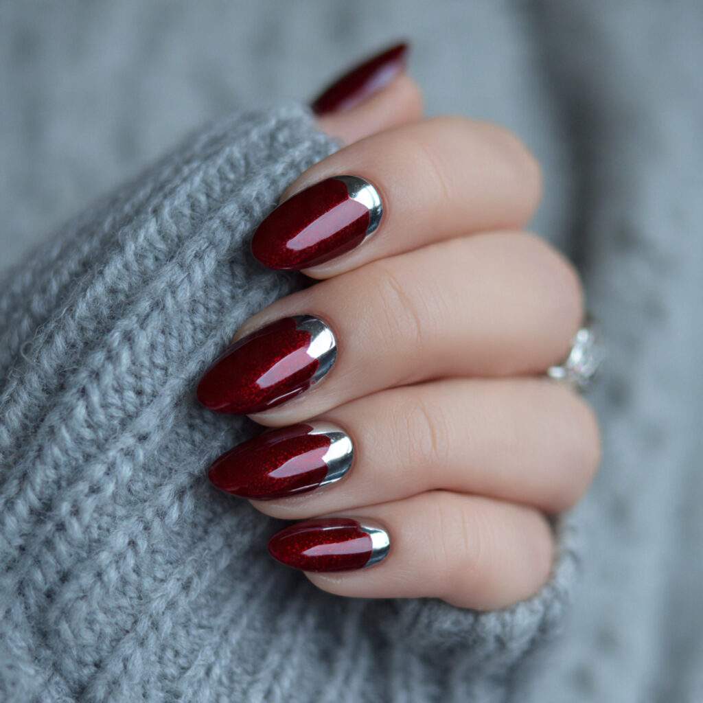 25 dark red valentine nails with chrome