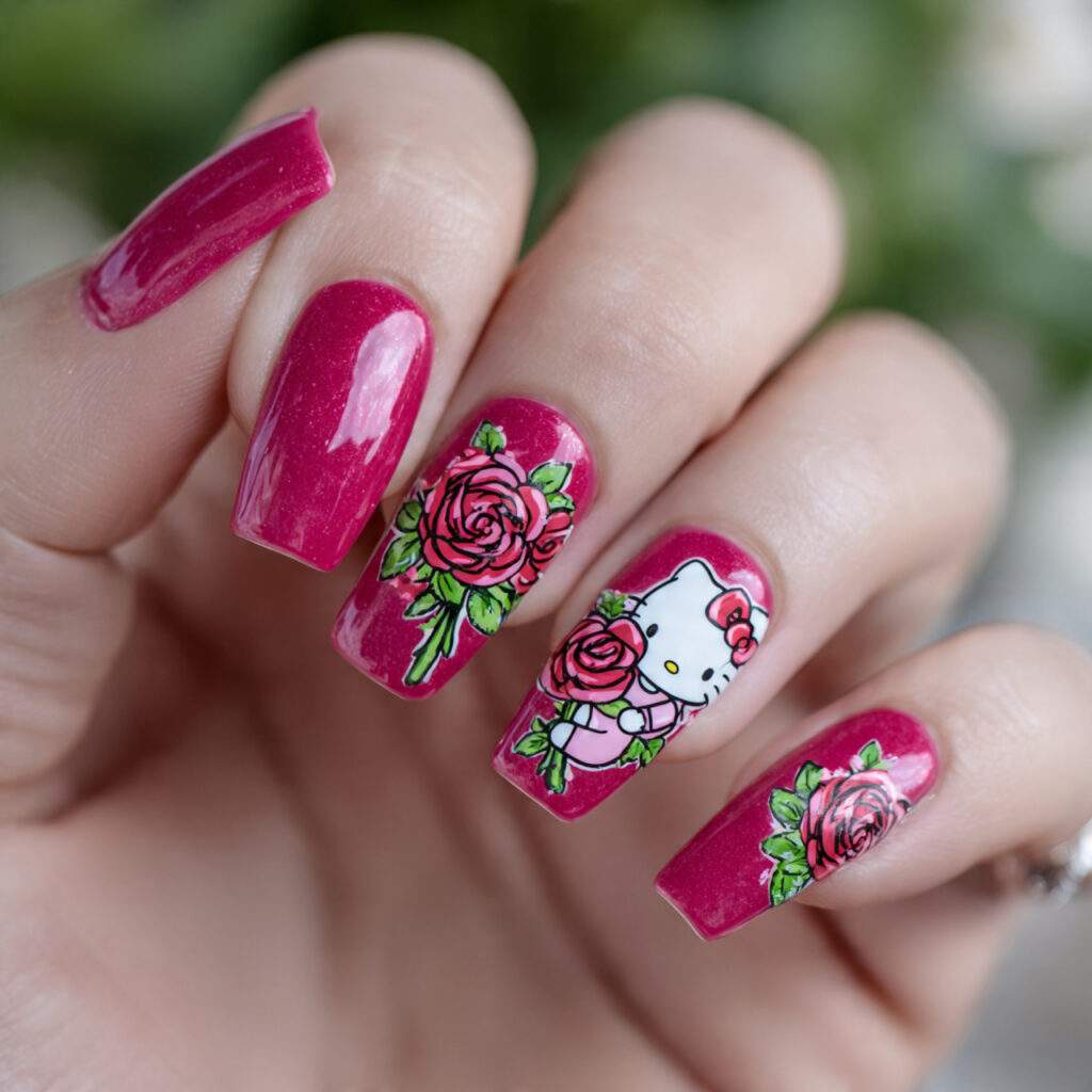 25 magenta with kitty holding roses magenta nails