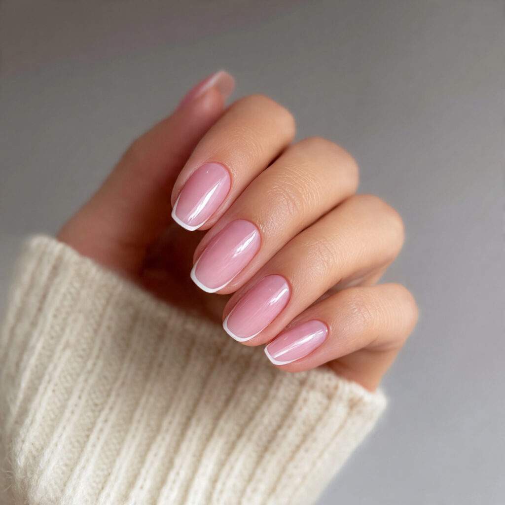 3 sheer pink nails with micro french