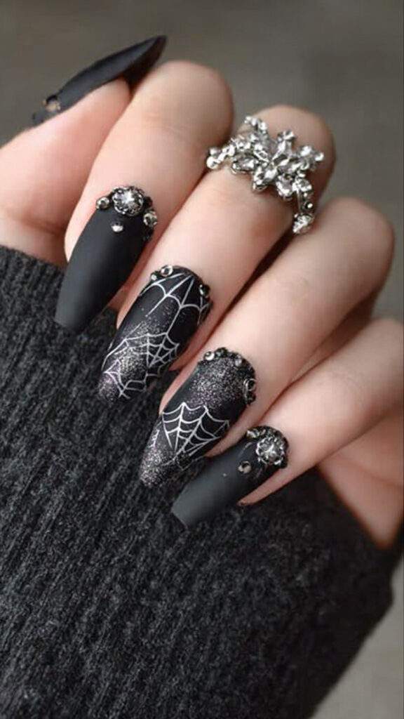 4 matte black galaxy nails with spider