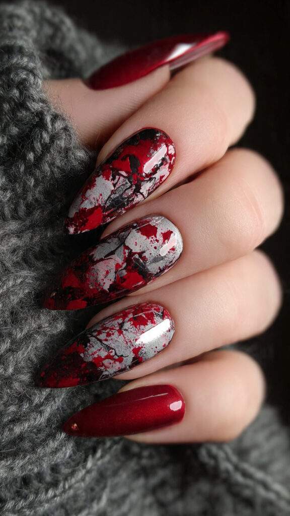 6 blood splatter almond nails with abstract