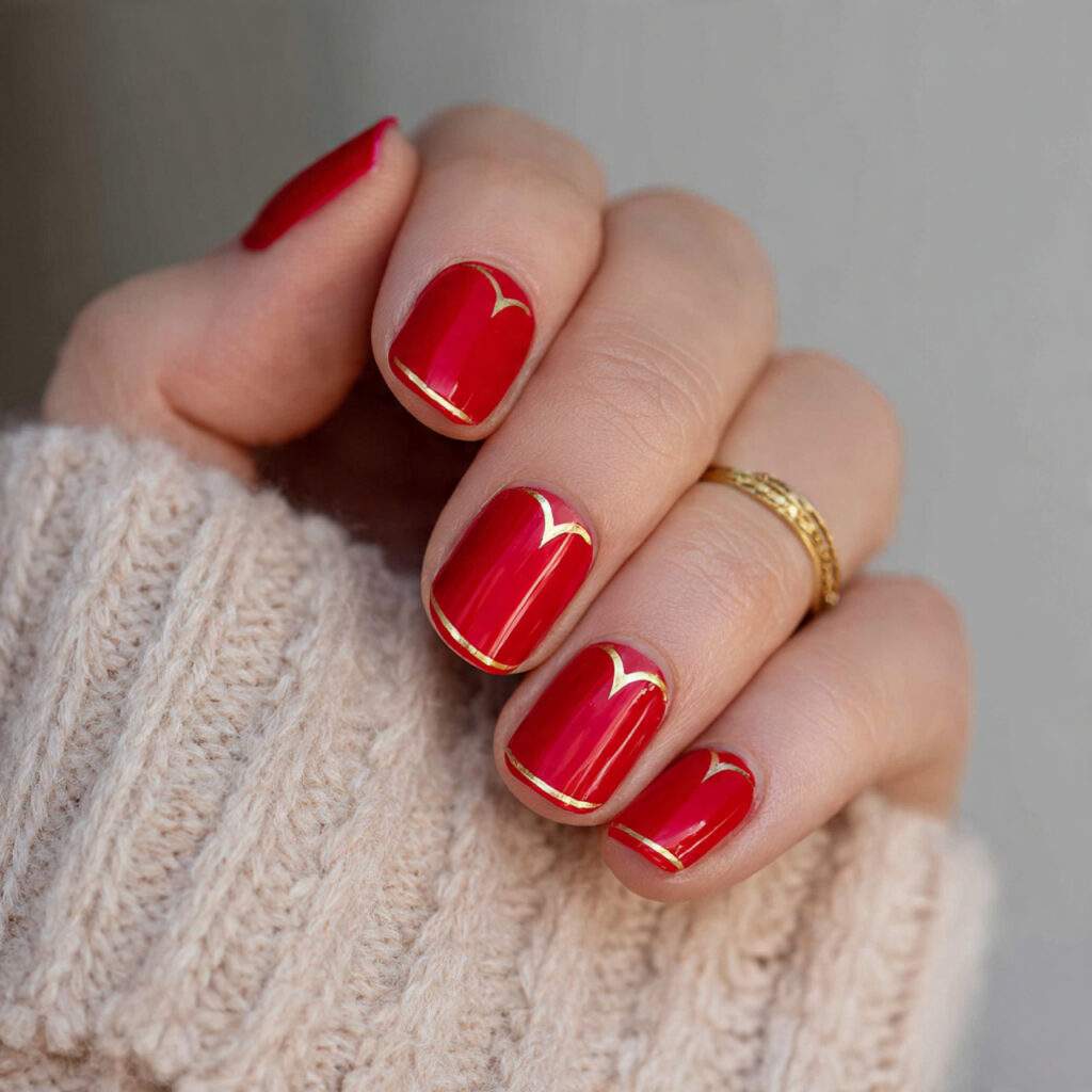 6 short red valentine nails with gold