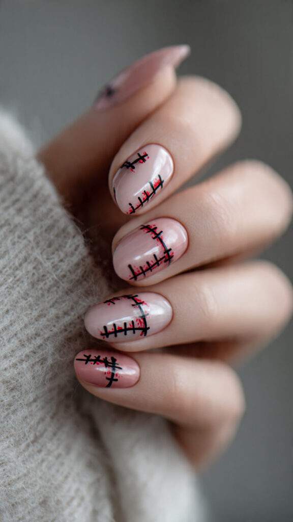 8 glossy stitched up nails nails with black