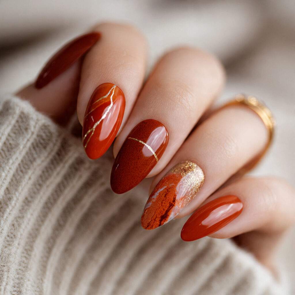 a close up of elegant almond shaped nails painted