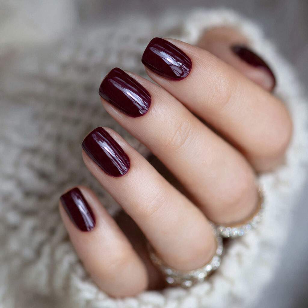 a deep wine colored burgundy manicure perfect for