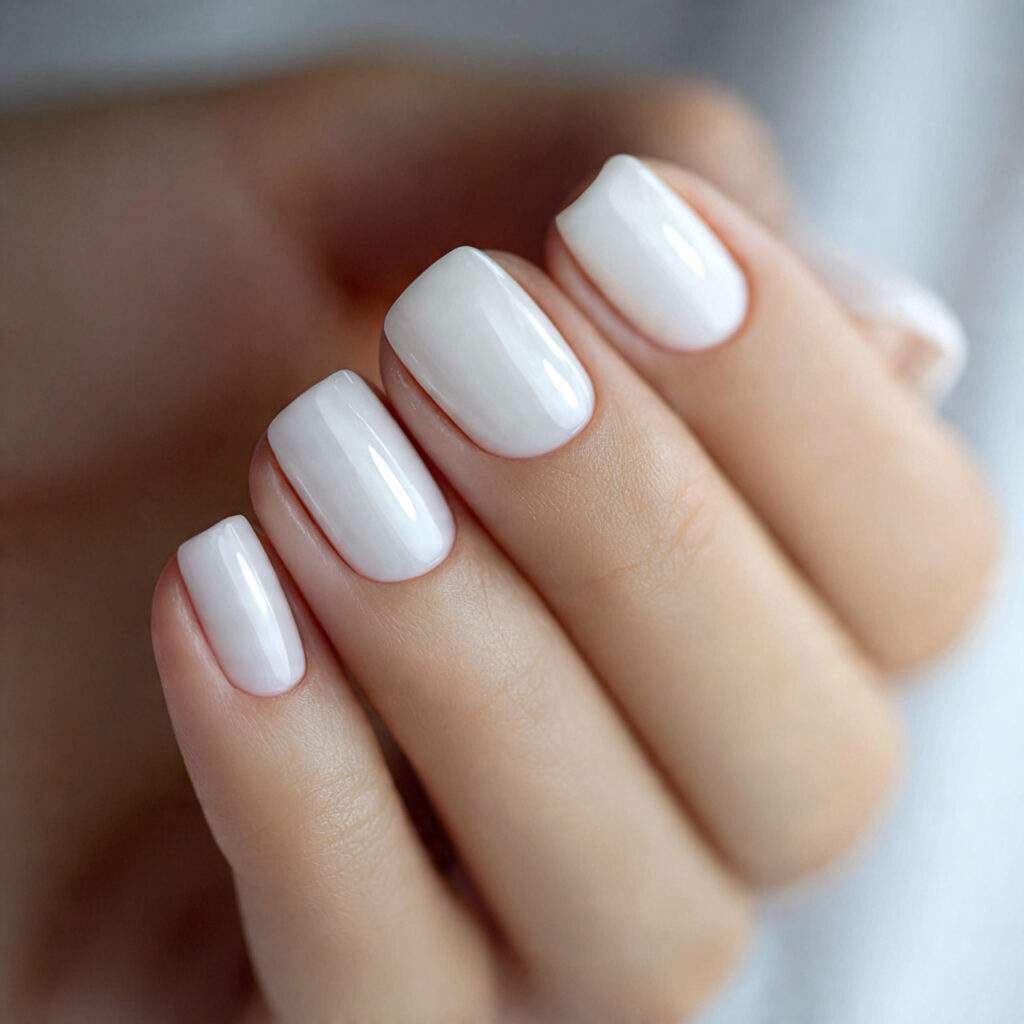 a milky white manicure with a glossy