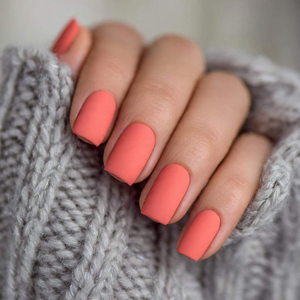 a muted coral matte nail style for