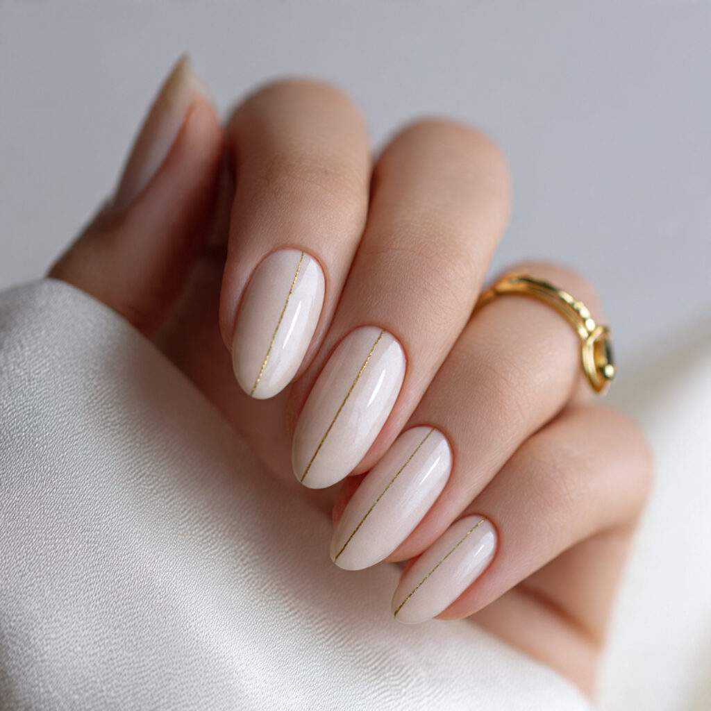 a pale neutral almond shaped manicure with a