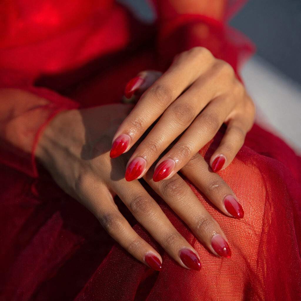 a person wearing a red dress with 1