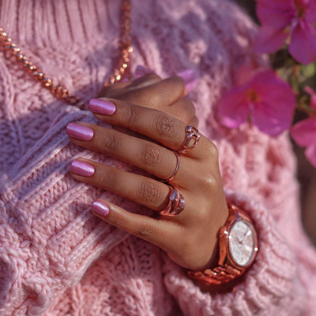 a person wearing pink clothing and rose