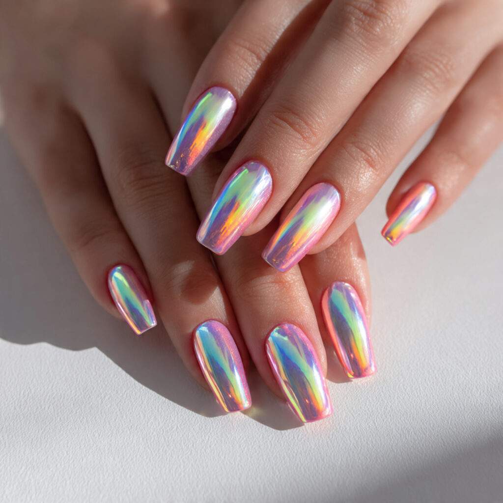 a set of holographic chrome nails on