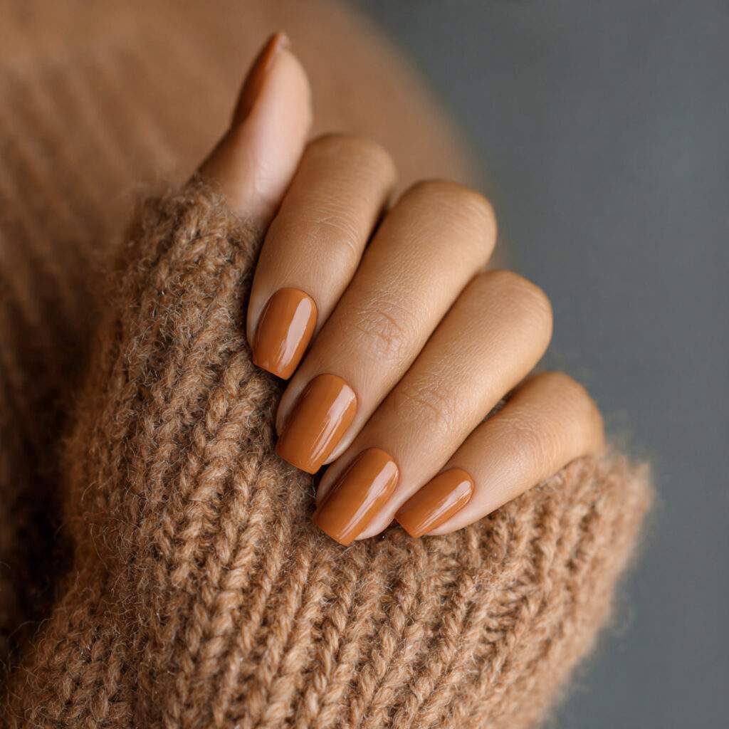 a warm caramel colored manicure that is flattering