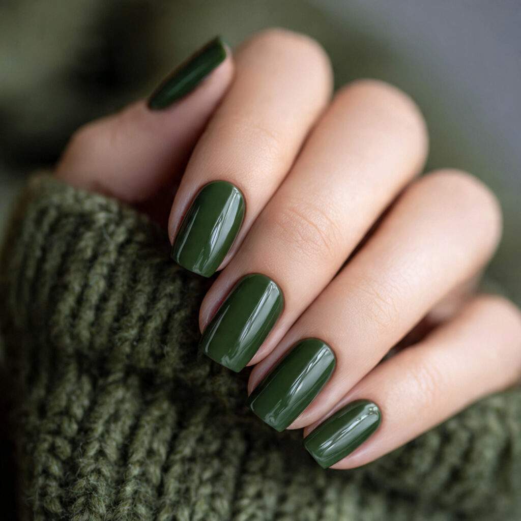 a woman s hands with forest green winter