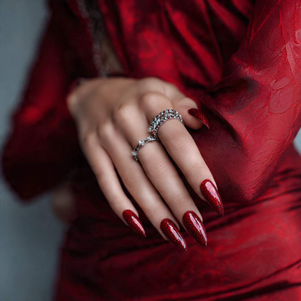 a woman with long nails wearing a