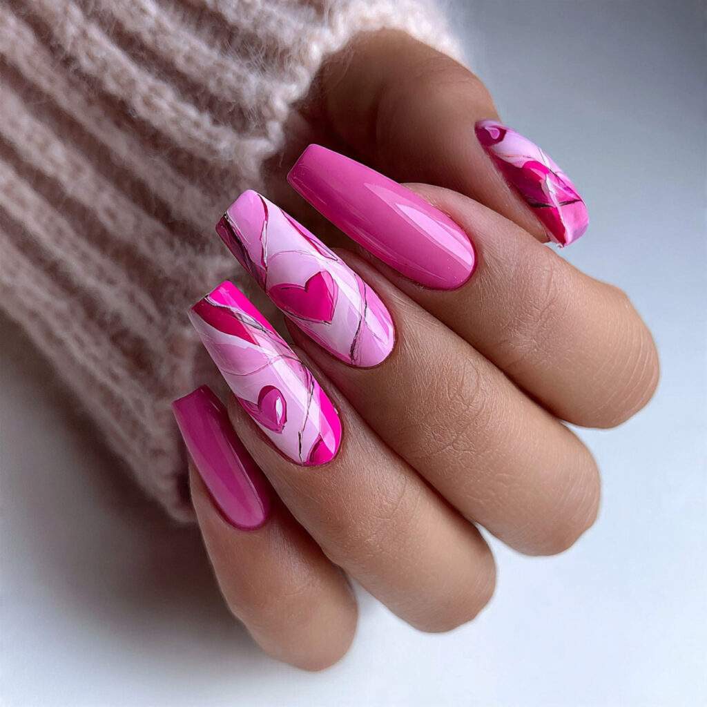 abstract pink coffin valentine nails feel artistic