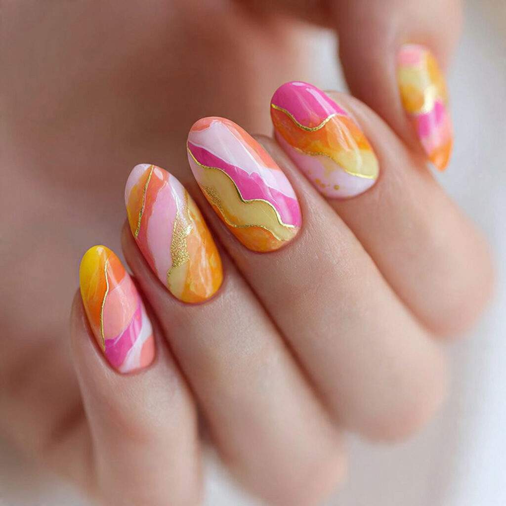 abstract sunset nails use soft shapes and