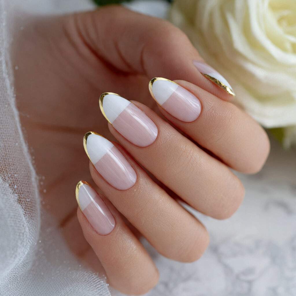 almond shaped french manicure outlined with thin gold