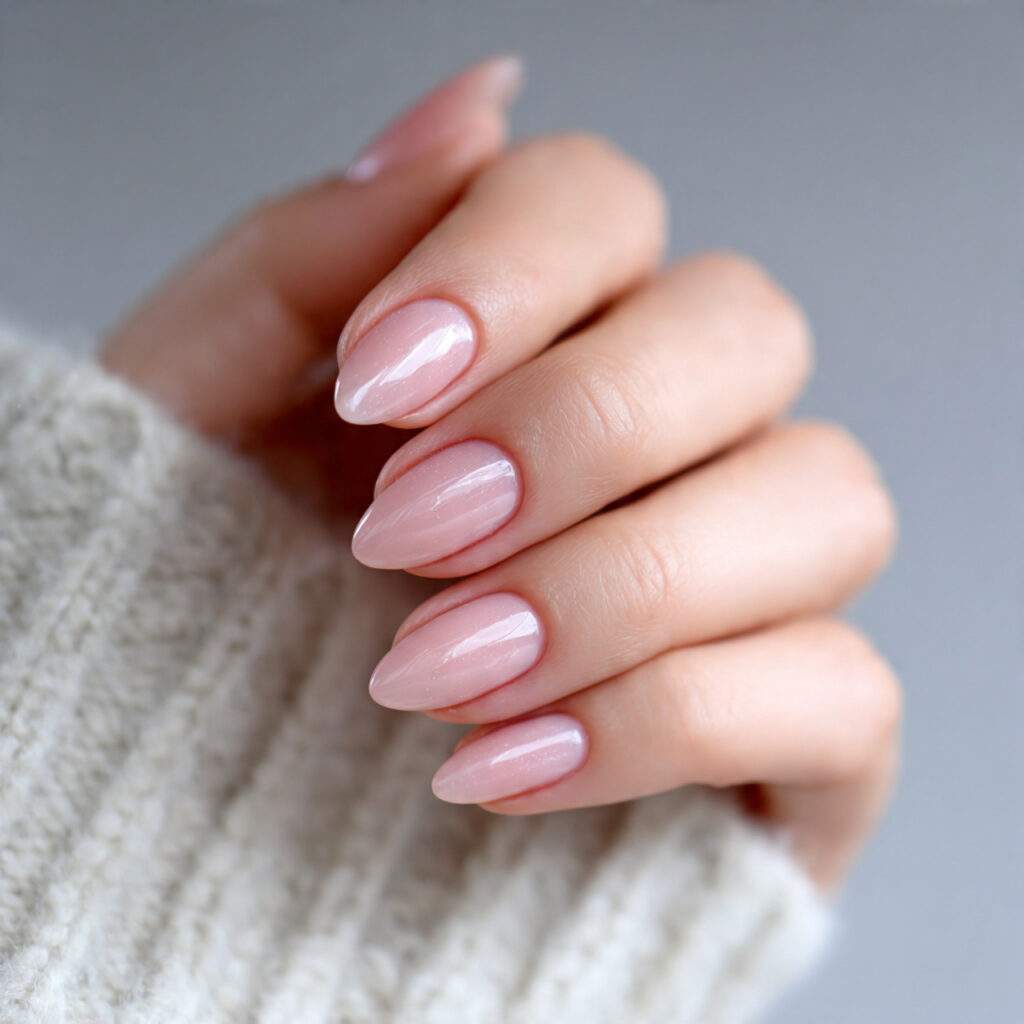 almond shaped nails with sheer pink or clear