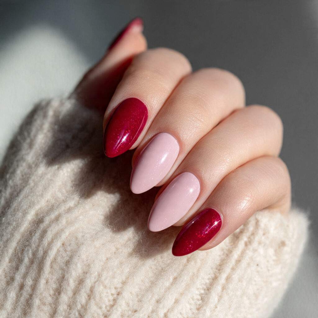 almond shaped nails with soft pink and red