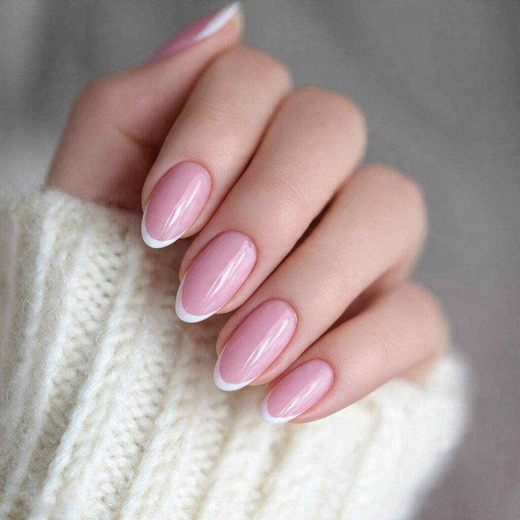 baby pink french tip almond nails give