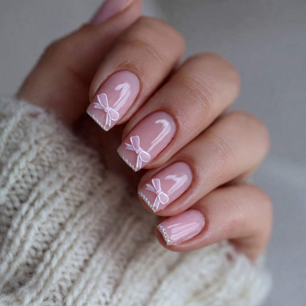baby pink ribbon nails add a gentle