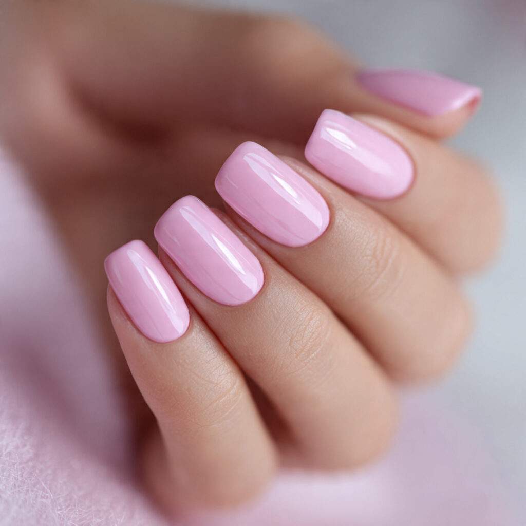 baby pink short nails with high gloss glazed