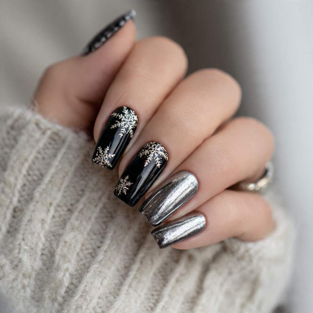 black and platinum snowflake chrome nails create