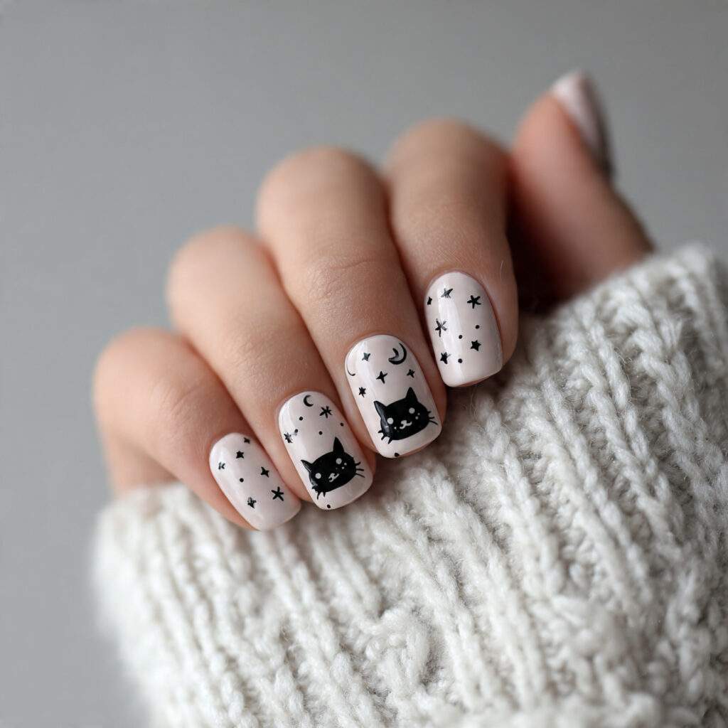 black cat accent nails mix cute and