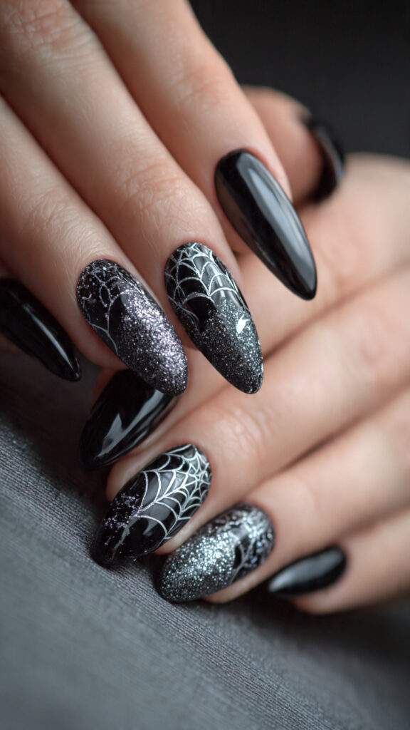 Black Cat With Crescent Moons and Glitter Webs