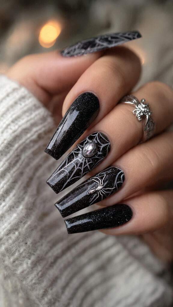black glitter coffin nails with 3d spider