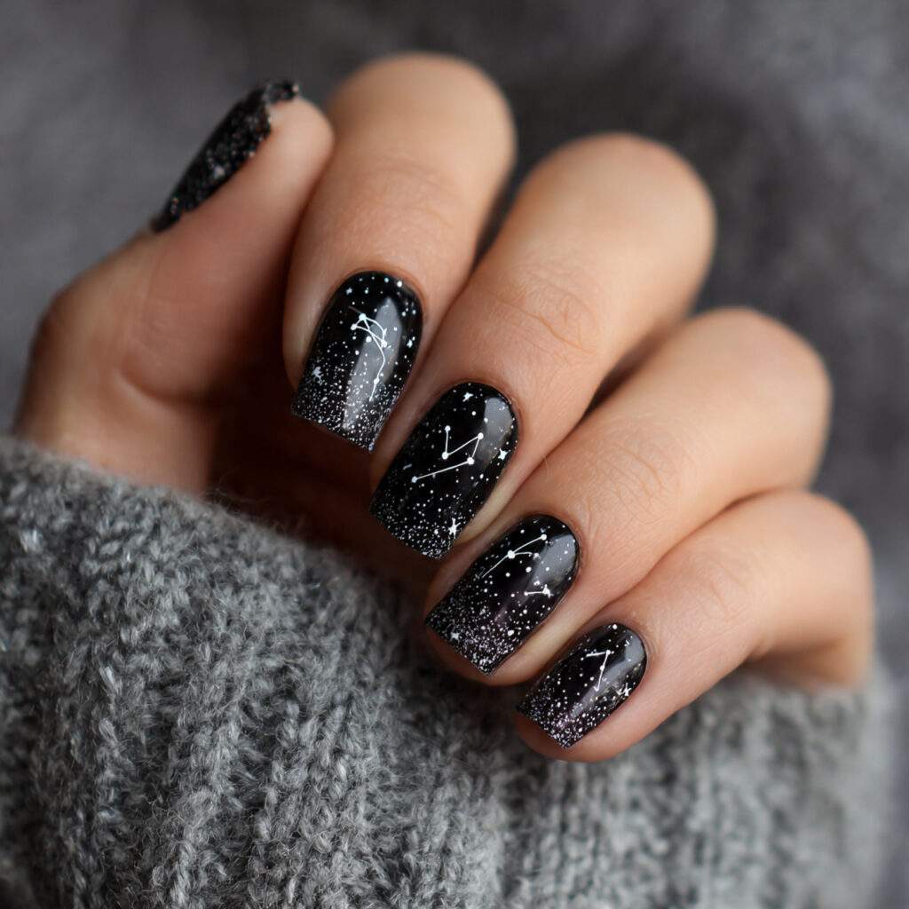 black gradient nails with white constellation map