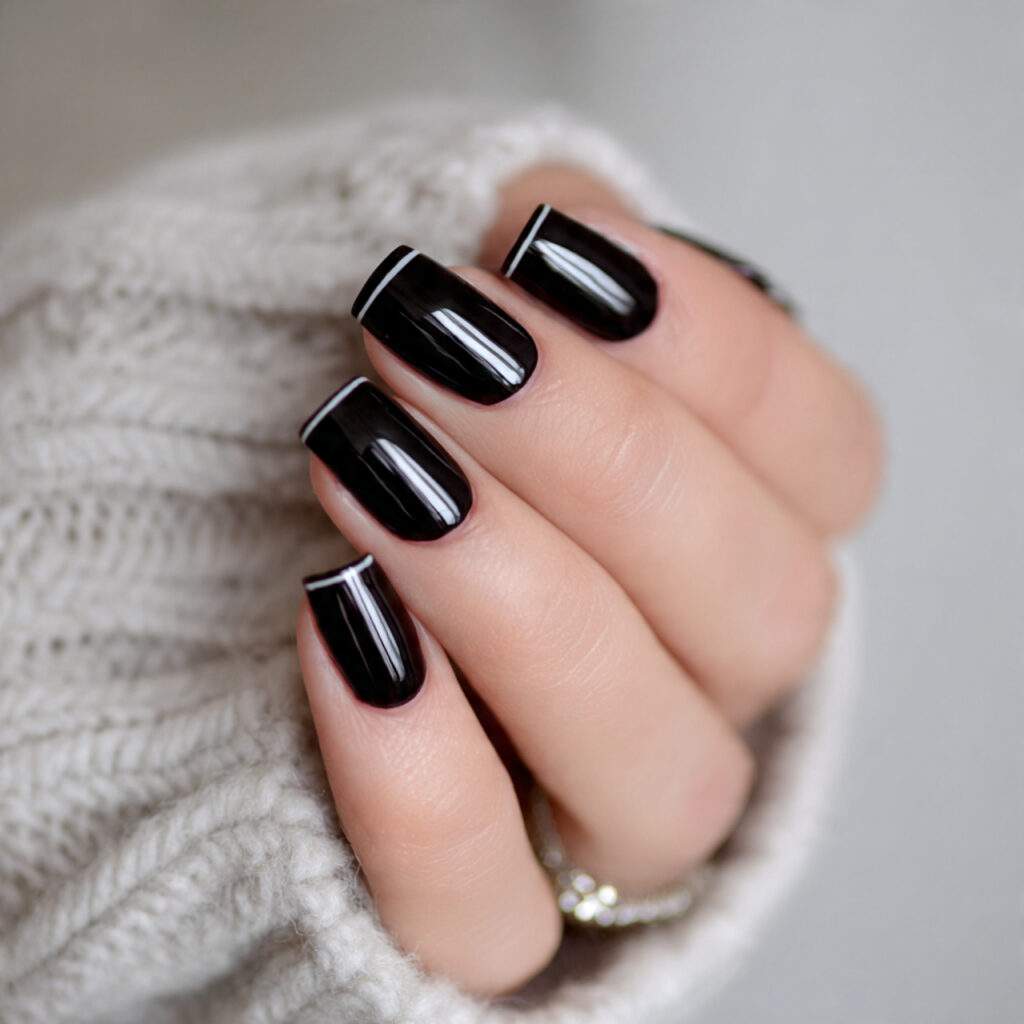 black nails with a thin french line