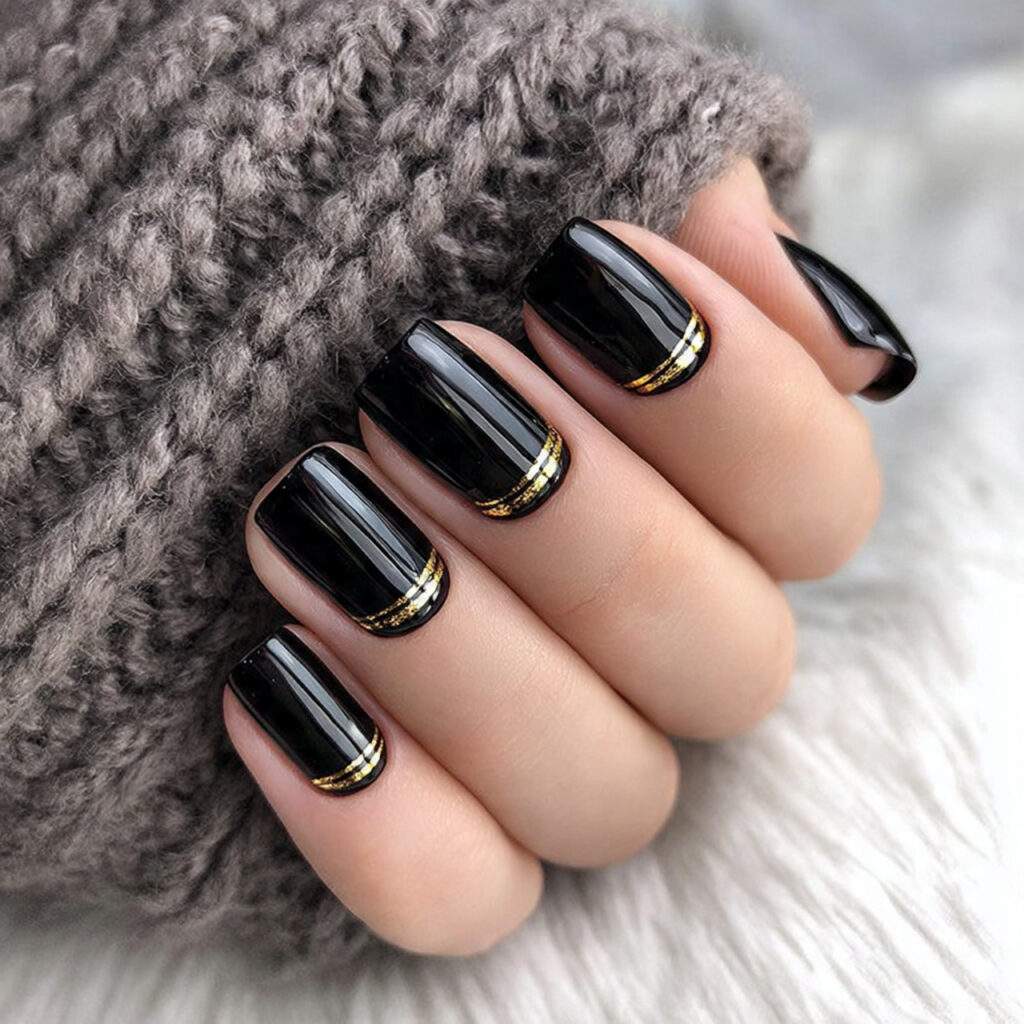 black nails with gold accents create a