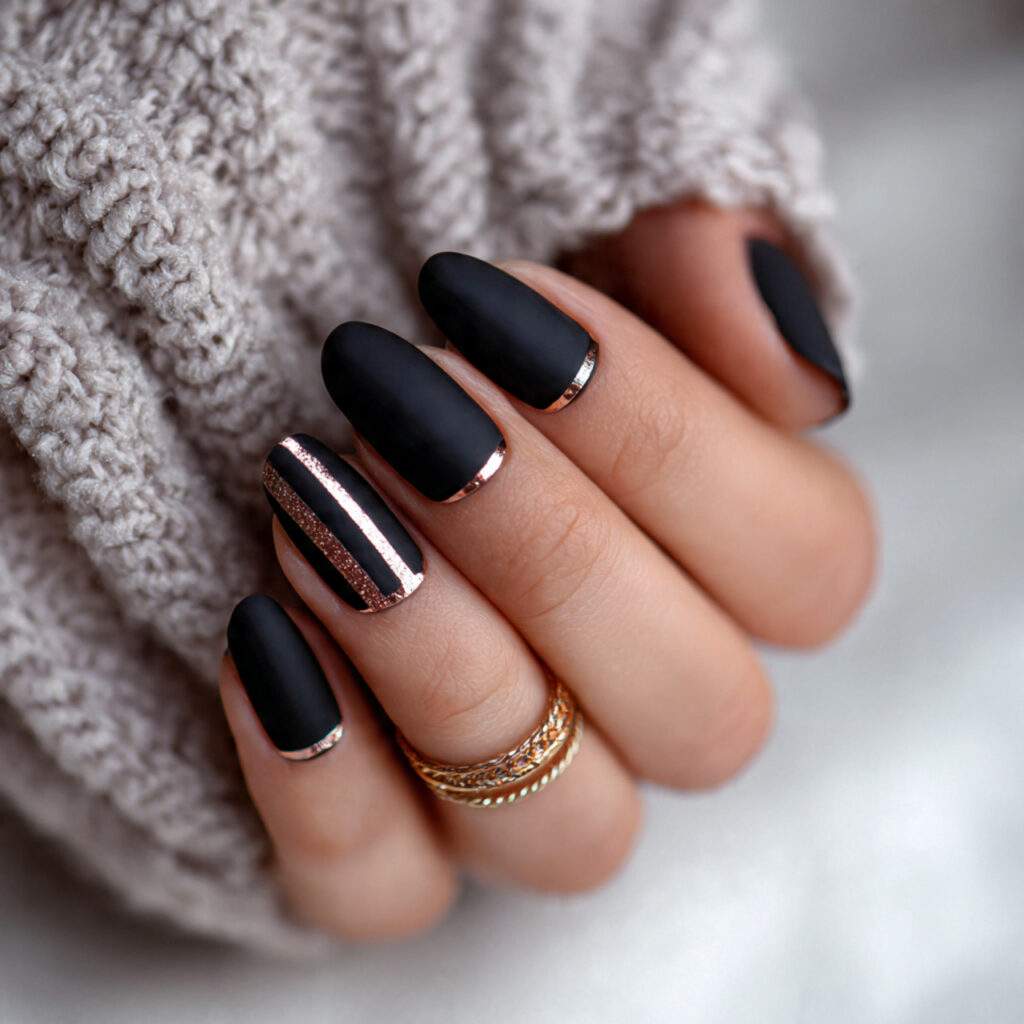 black nails with soft metallic details add