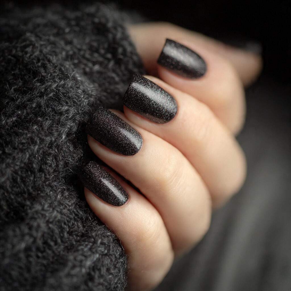 black nails with soft shimmer add depth