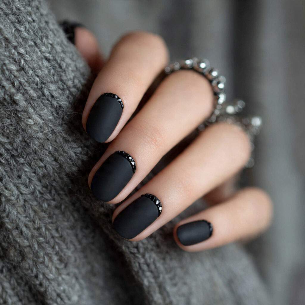 black nails with subtle gloss details create