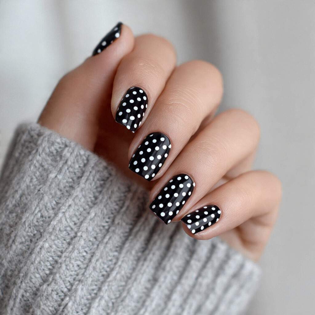 black nails with white polka dots create