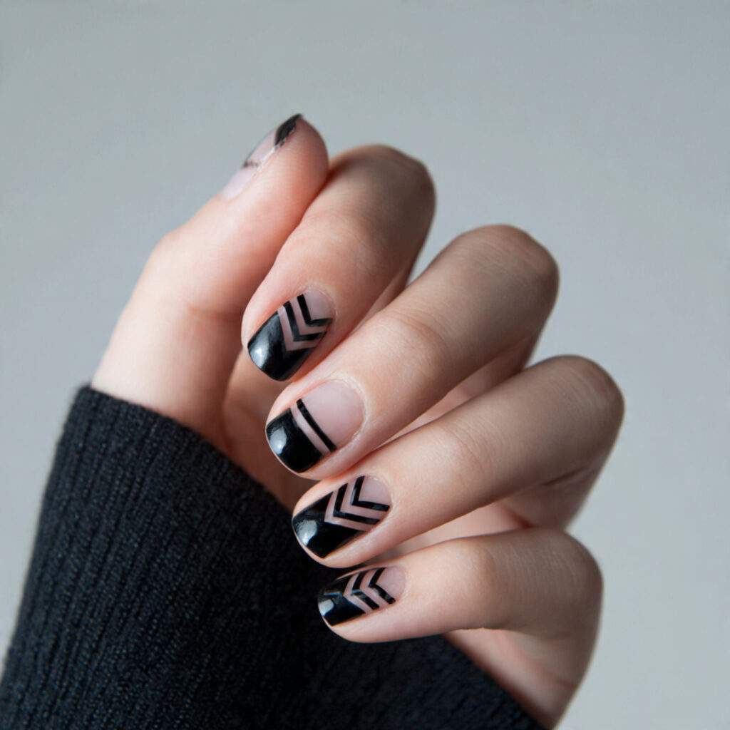 black negative space nails with geometric patterns