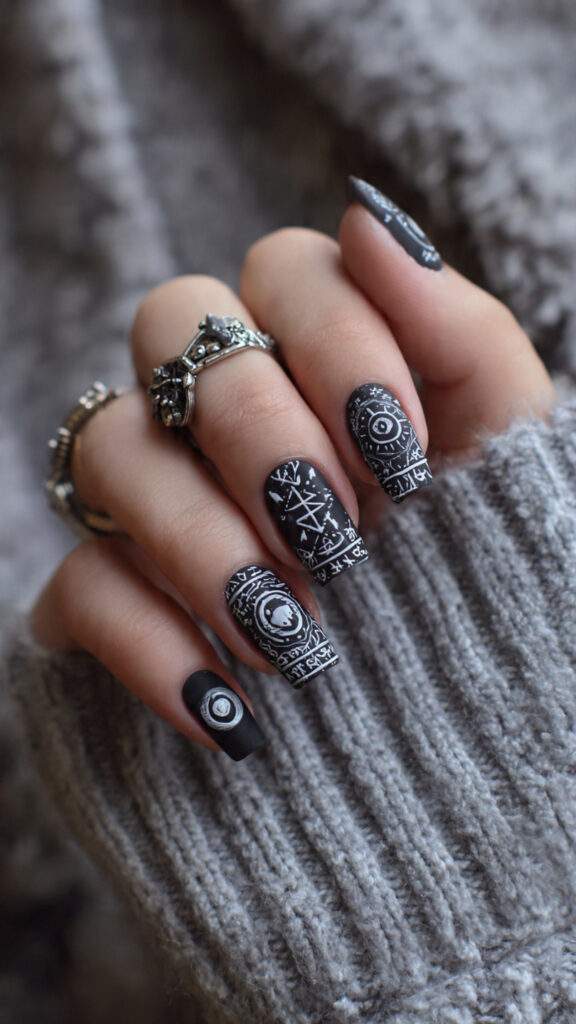 black square nails with white mystical stamping 1