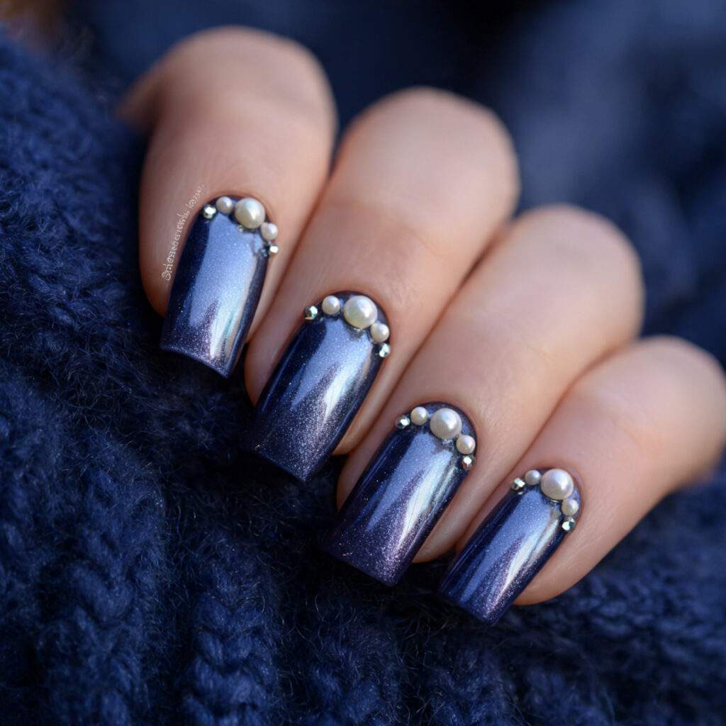 blue january nails with pearl finish