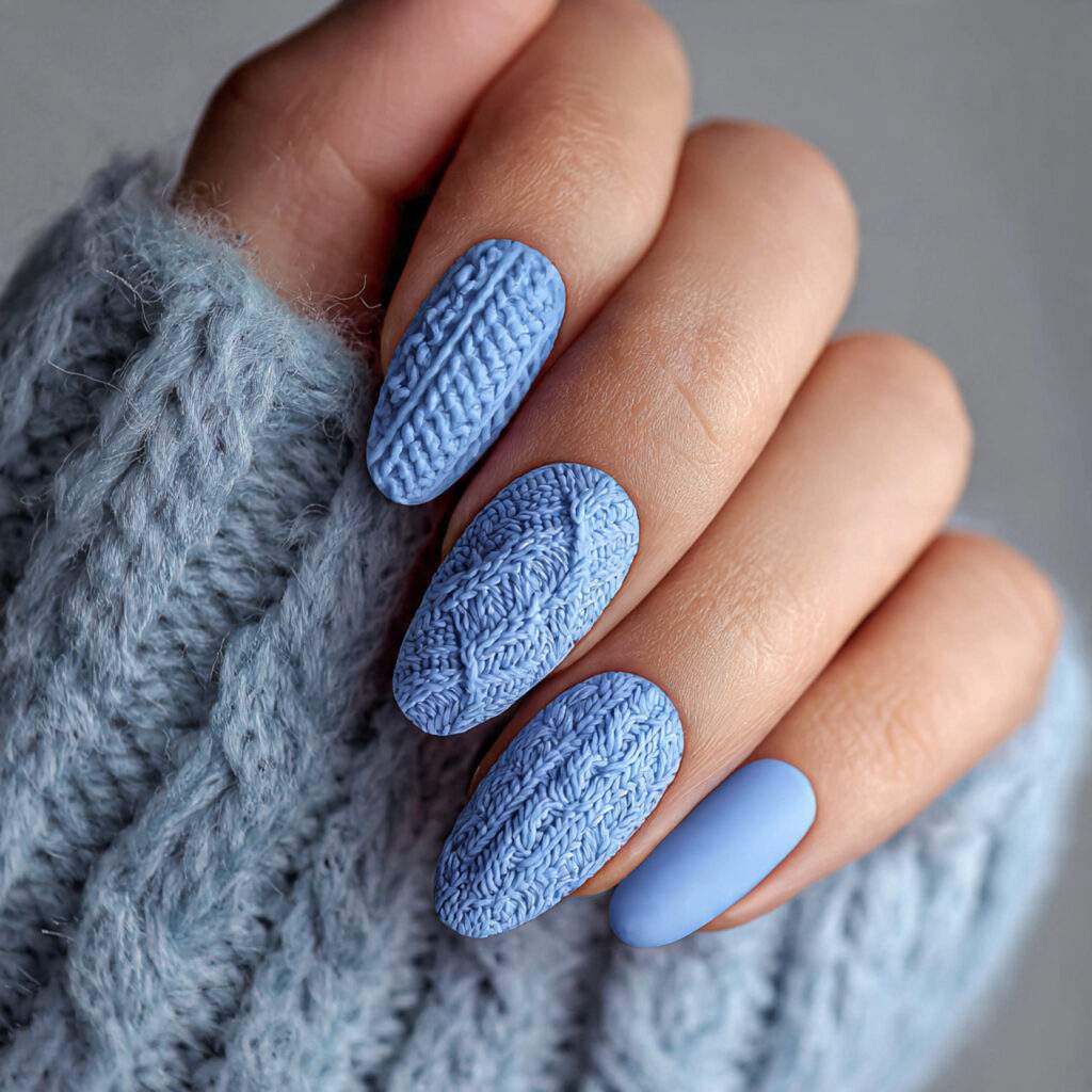 blue knit nails bring a cozy winter
