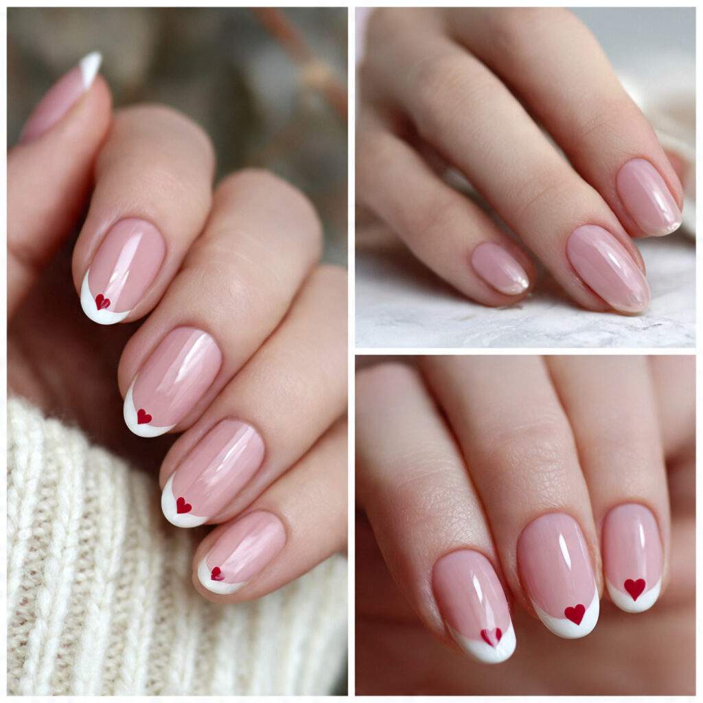 blush pink french tips with tiny hearts