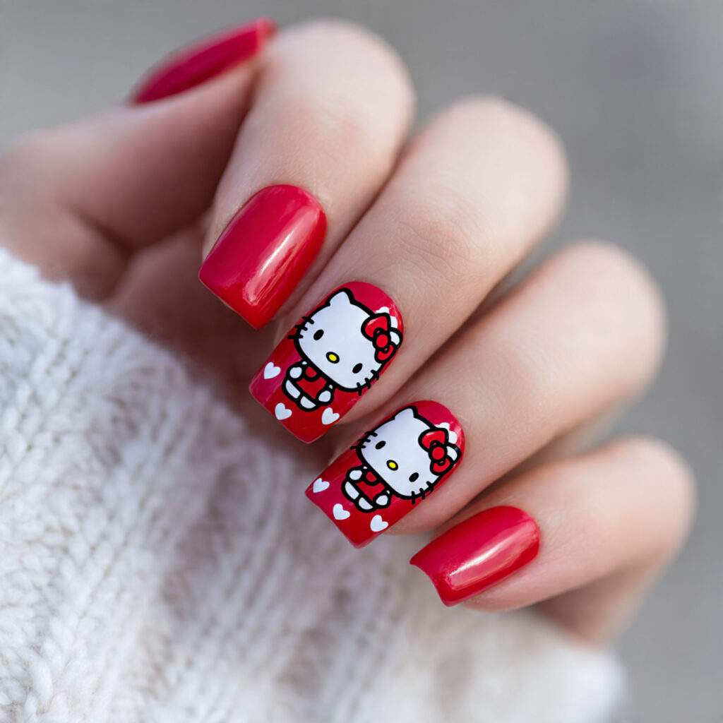 bold red nails with white hello kitty