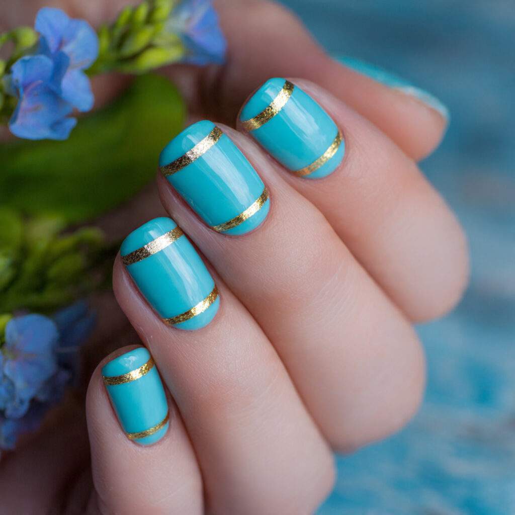 bright aqua nails with gold accents combine